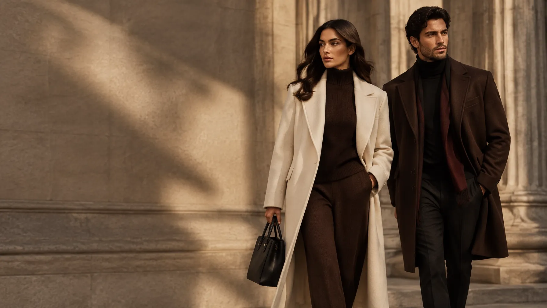 Autumn–Winter 2026 editorial fashion in ivory, chocolate and taupe