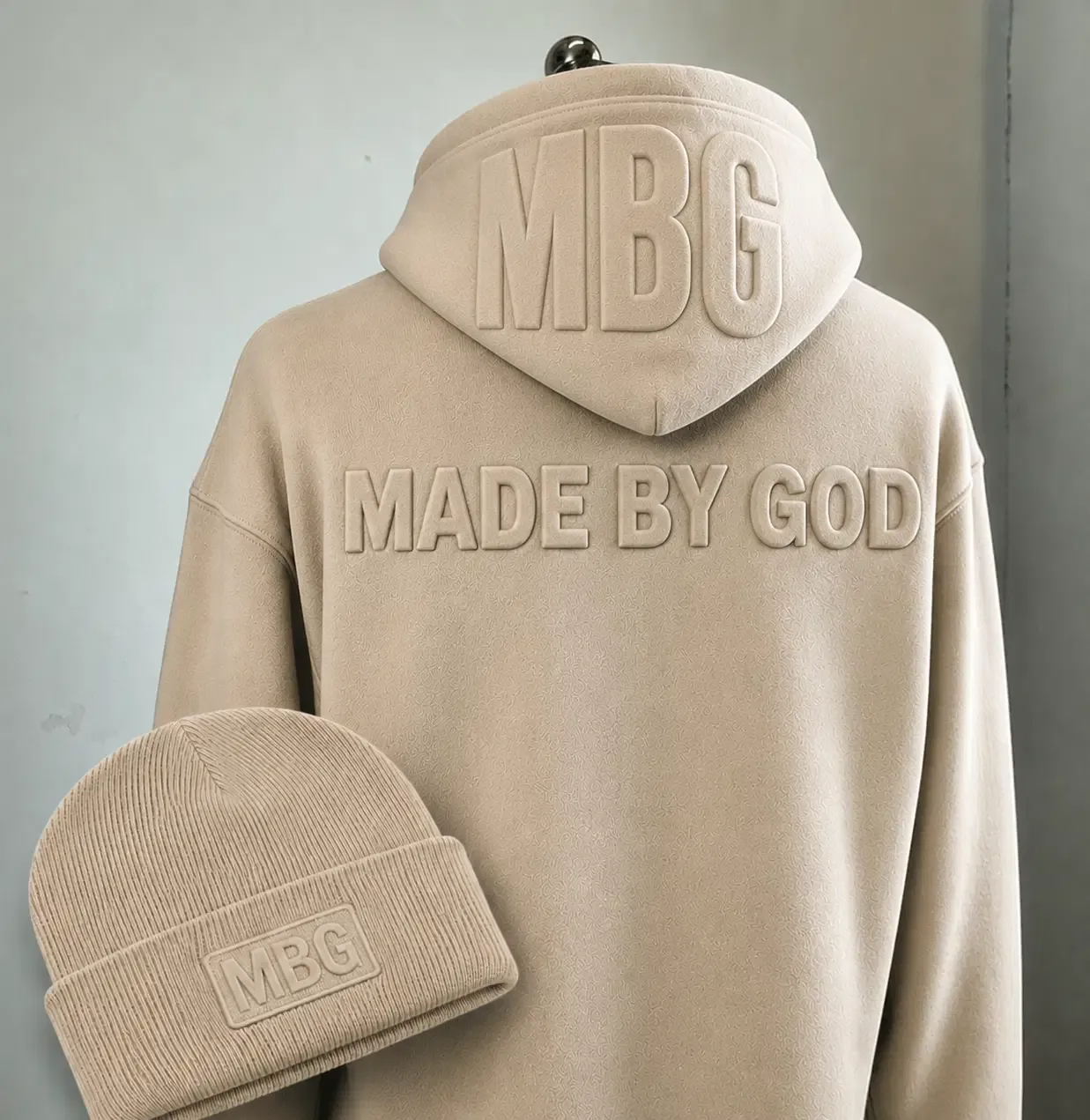 Beige MBG embossed hoodie and matching beanie set