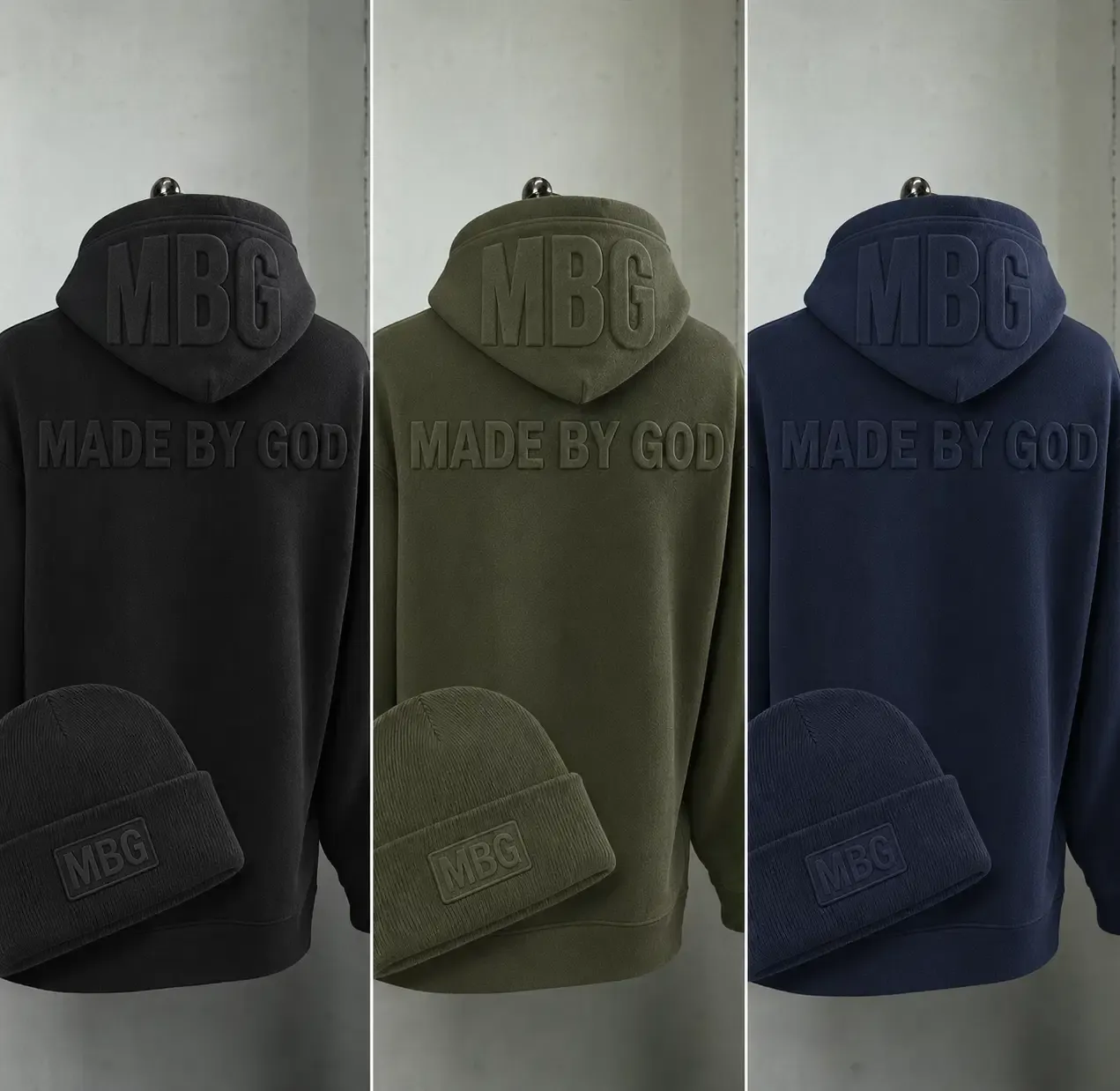 MBG embossed hoodie and beanie sets in black, olive and navy