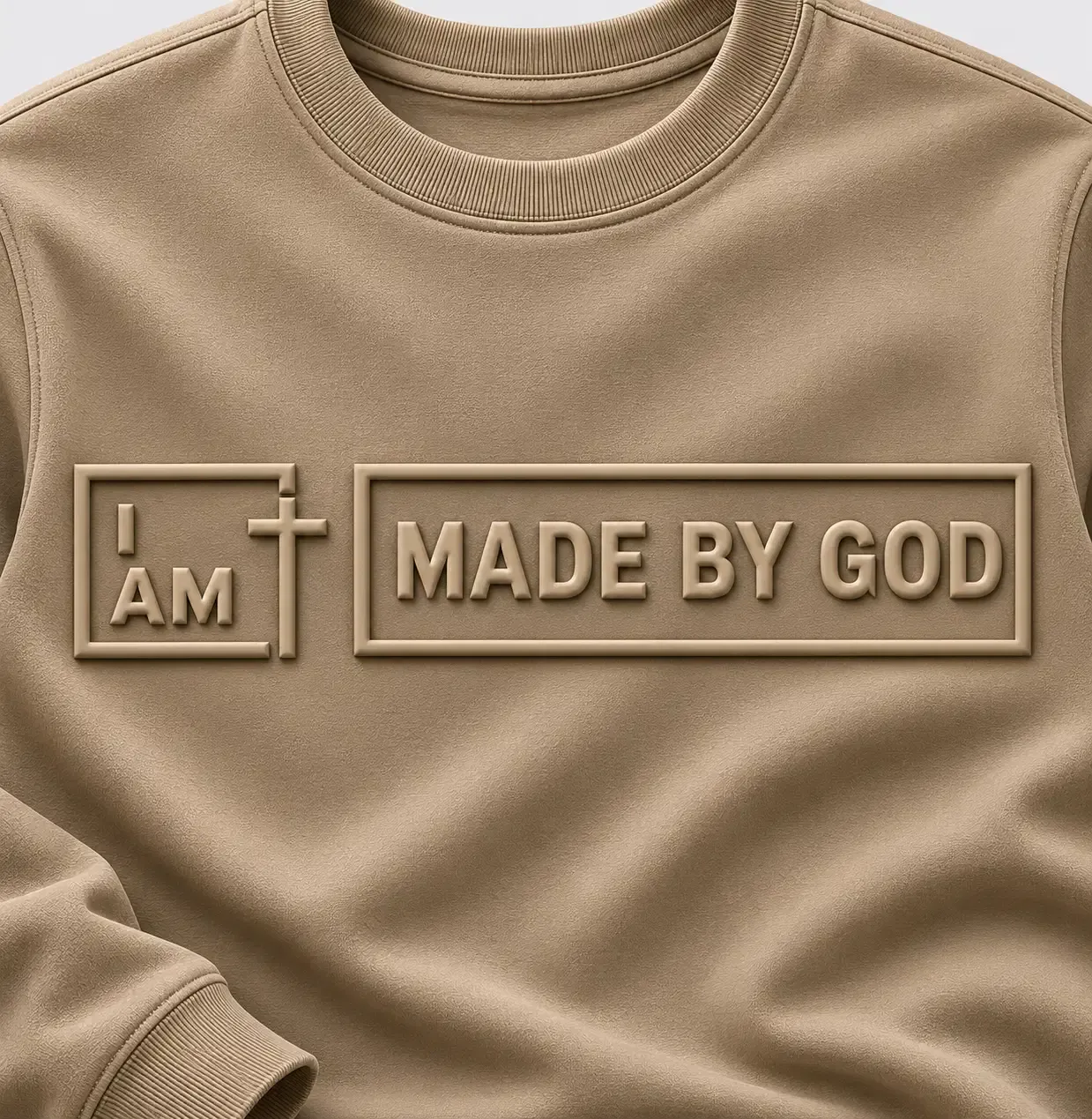 Close detail of the I AM MADE BY GOD embossed sweatshirt design
