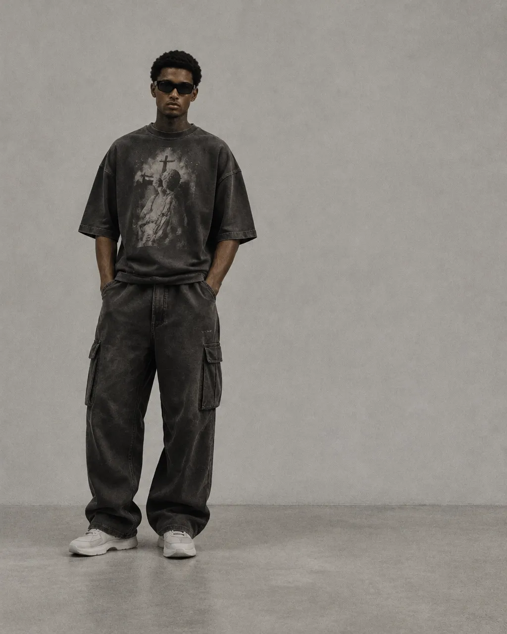 Person wearing neutral faith-inspired apparel in a pale grey studio