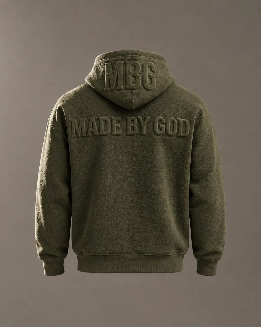 Olive hoodie with embossed MBG and Made By God artwork