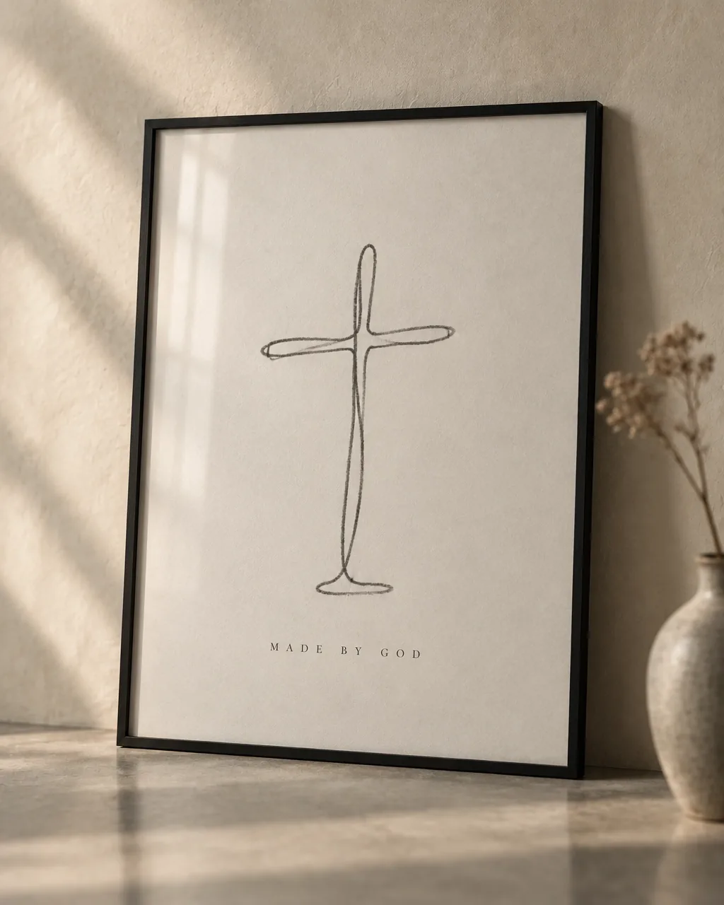 Framed MBG purpose print with a single-line cross drawing